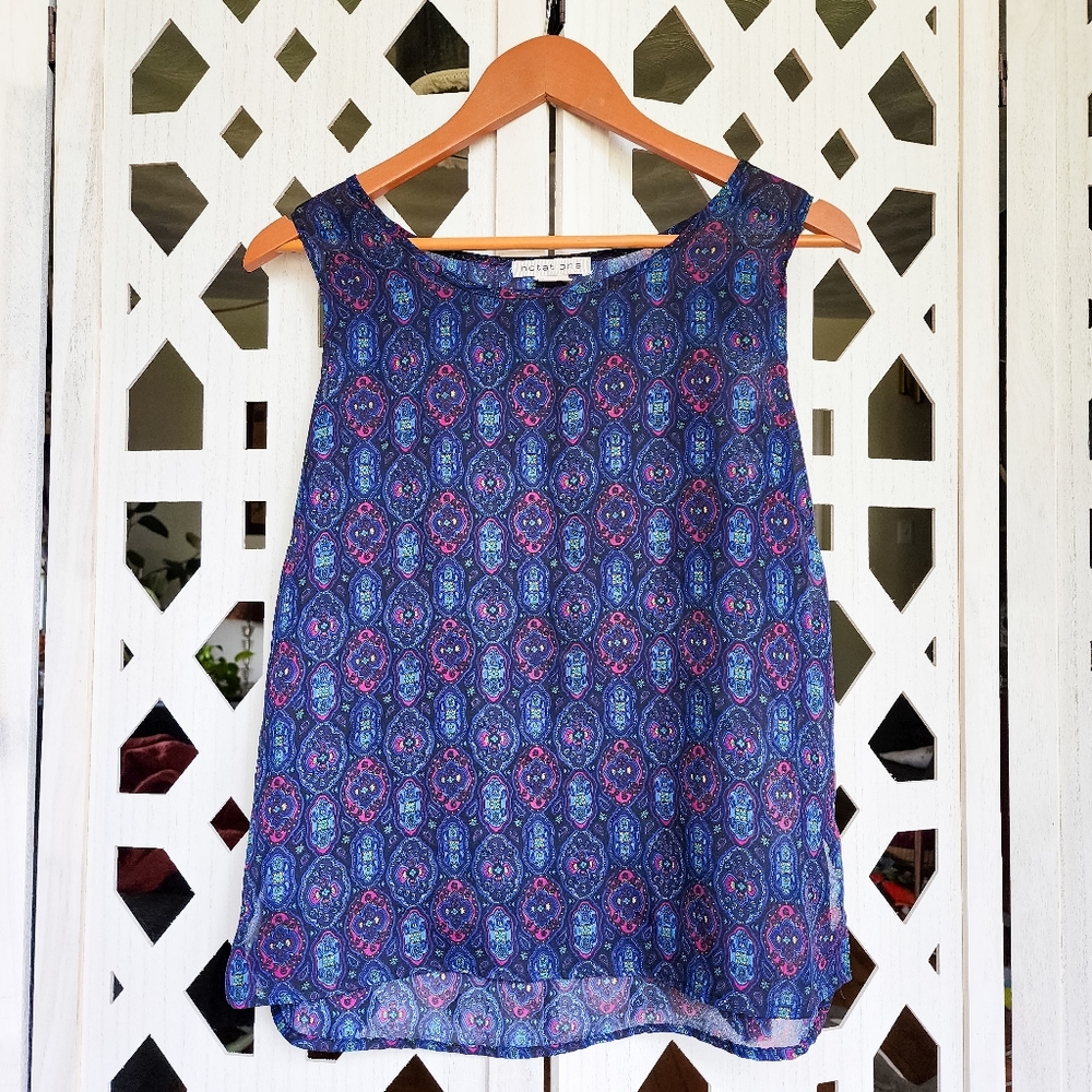 👕 Sheer Dark Blue Bohemian Ogee Patterned Tank Top